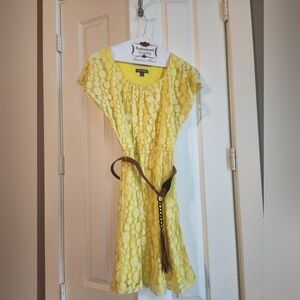 Roz & Ali Sunny Yellow Lace Midi Dress with Belt